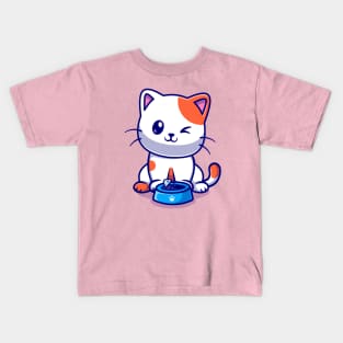Cute Cat Eating Fish Cartoon Kids T-Shirt